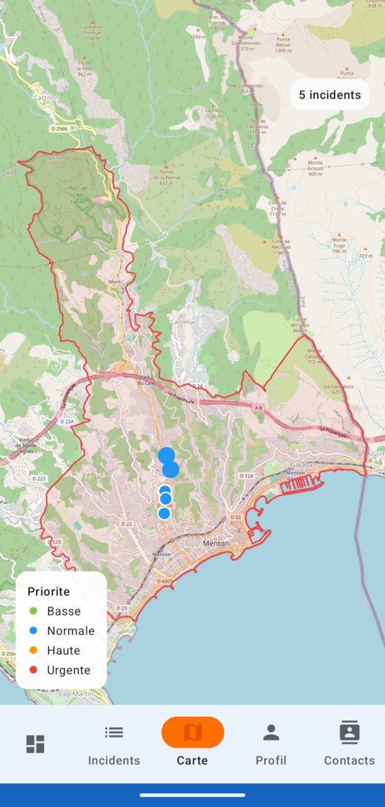 Carte des incidents avec périmètre de la commune dans l'application agents UrbaFix