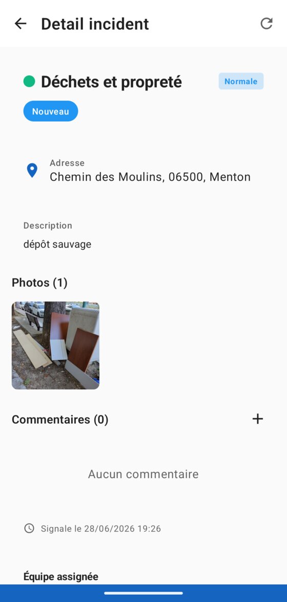 Détail d'un incident avec équipe assignée dans l'application agents UrbaFix