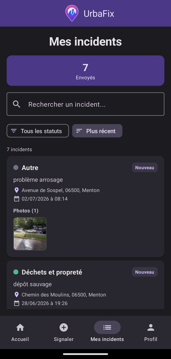 Liste des incidents signalés par le citoyen dans l'application UrbaFix