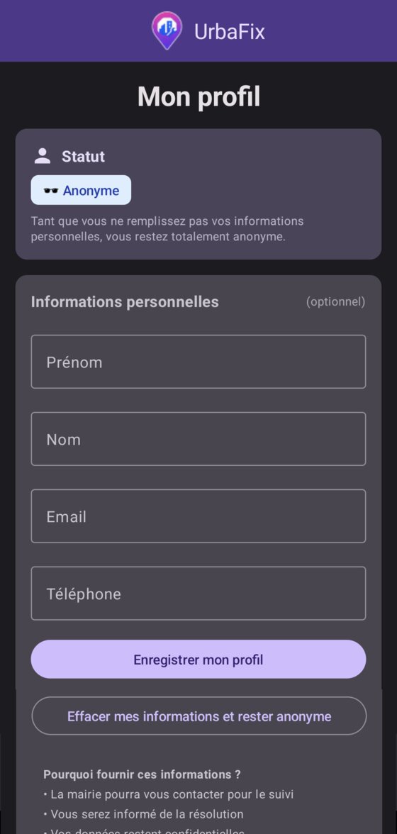 Profil anonyme par défaut dans l'application UrbaFix